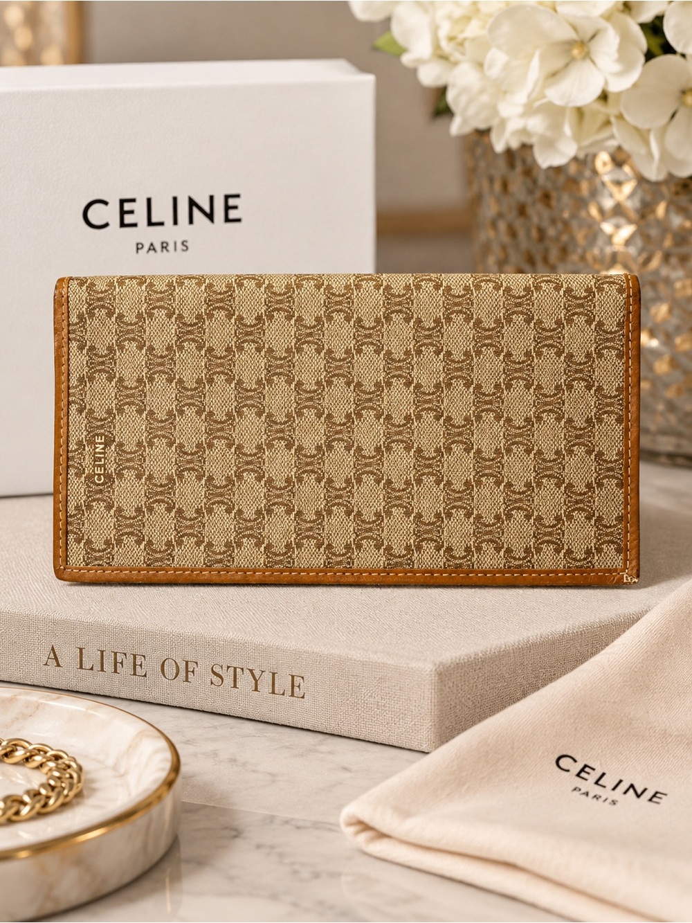 Vintage CELINE Macadam Triomphe Long Bifold Wallet Tan Brown